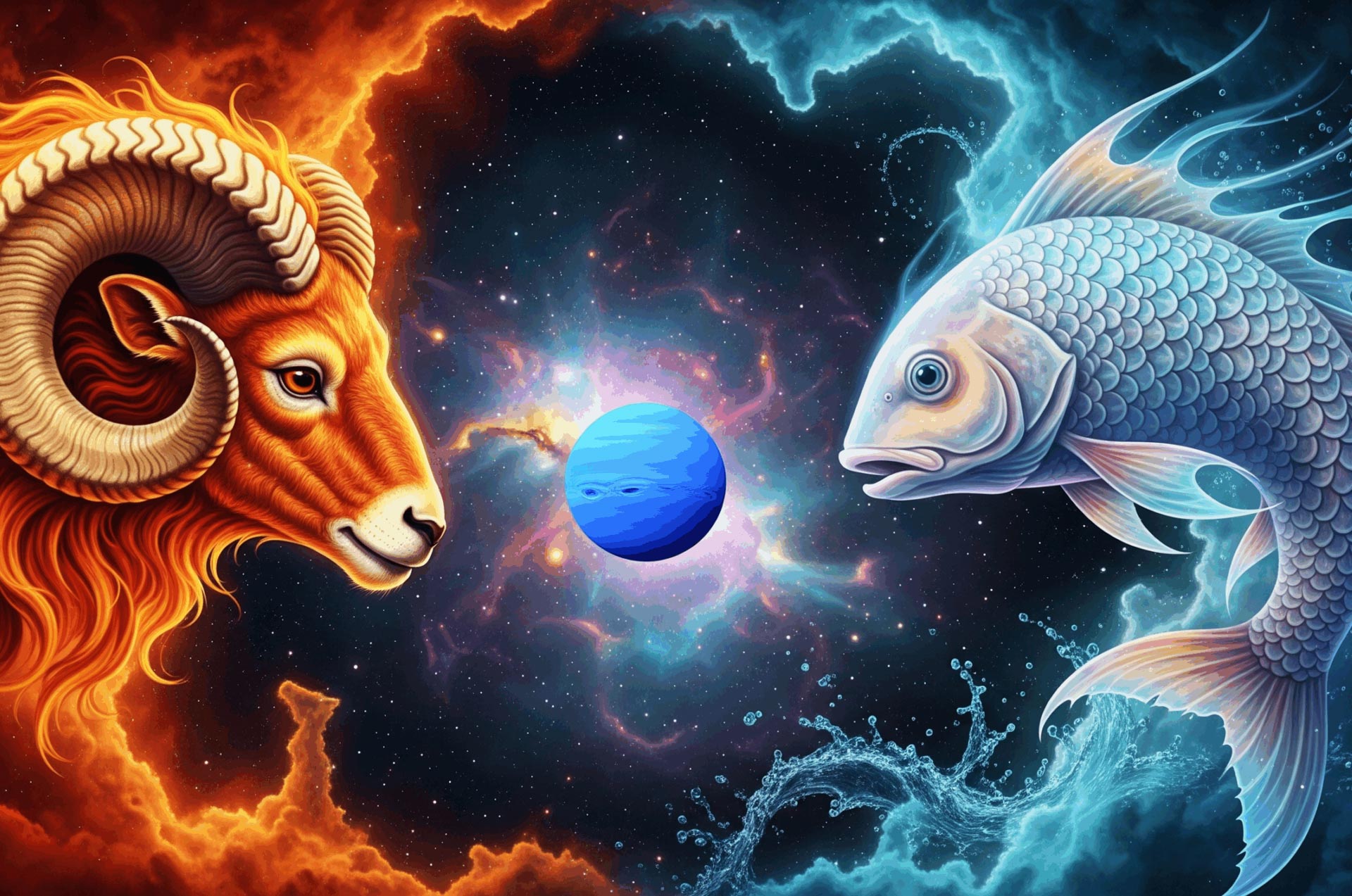 Ein animiertes Design eines Fisches und eines Widders auf der Website von Astrid Heim – Astrologische Beratung aus Österreich