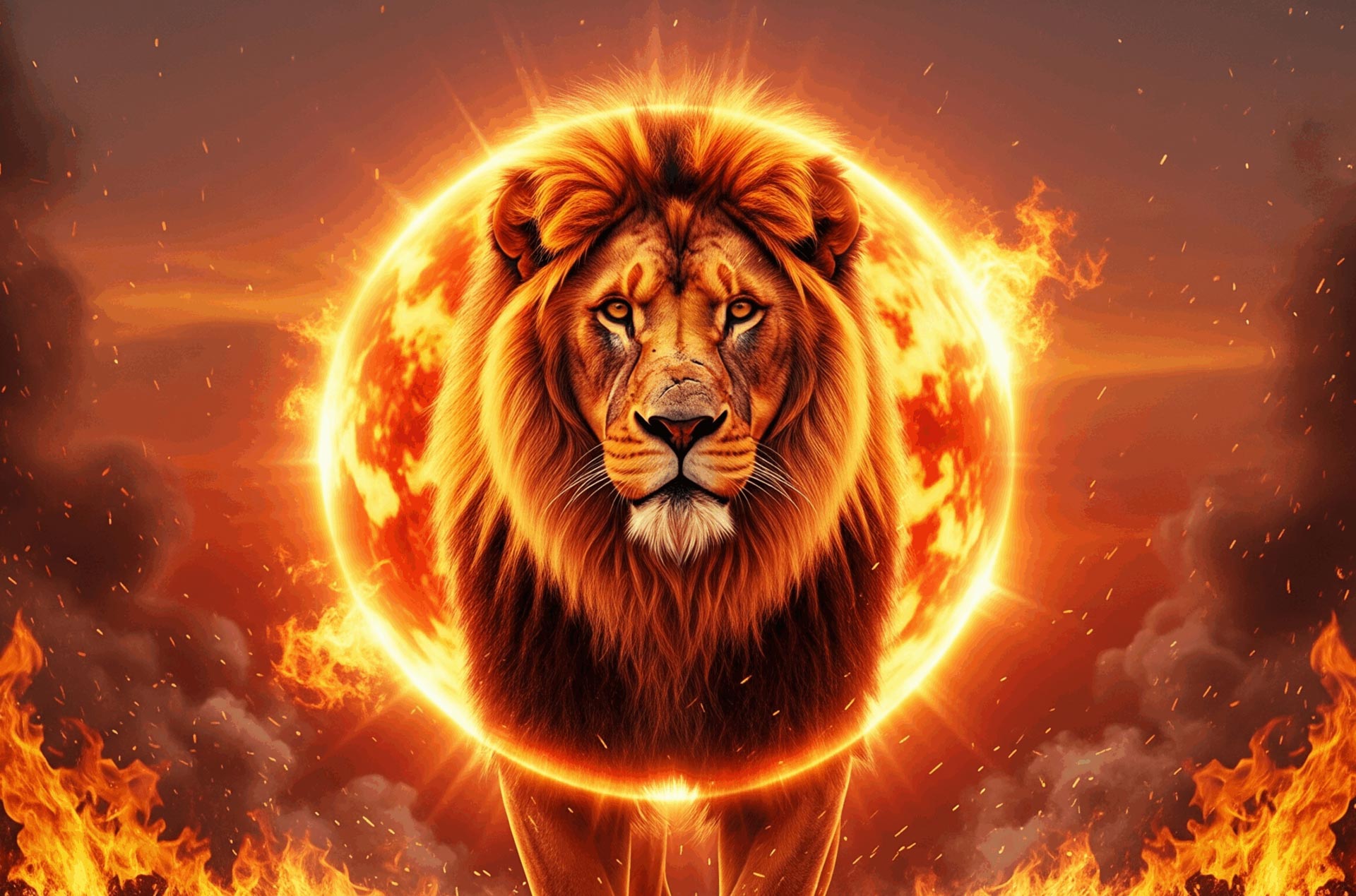 Ein animiertes Design eines Löwen mit der Sonne um sein Haupt auf der Astrologie – Löwe Ingress – Website von Astrid Heim – Astrologische Beratung aus Österreich